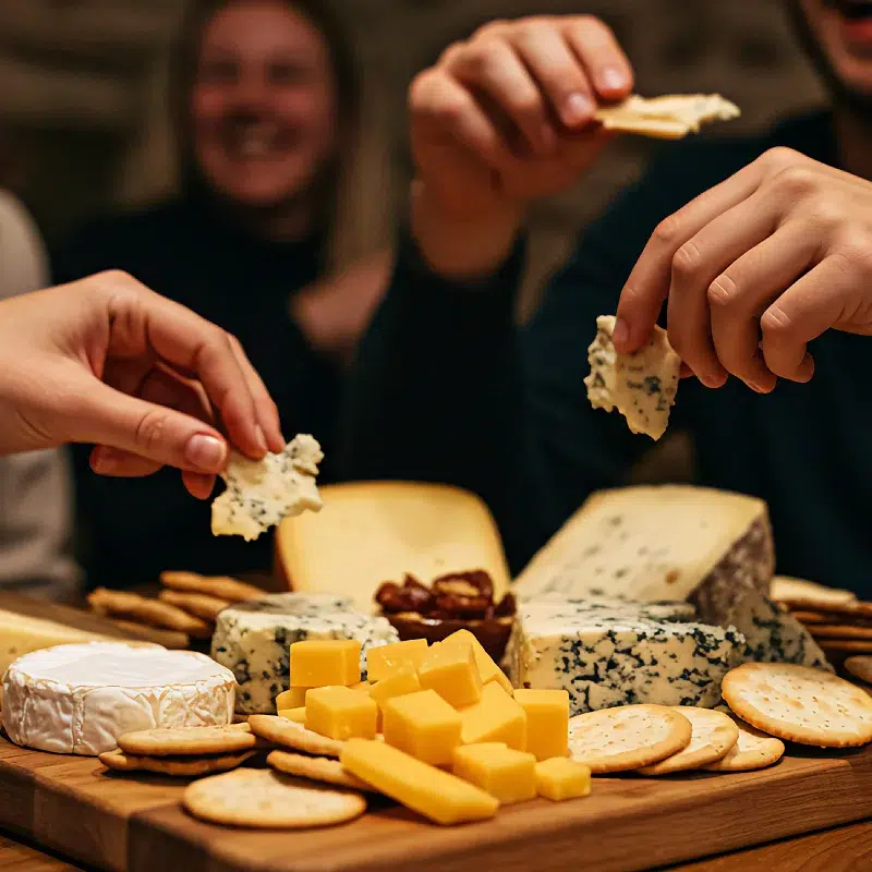 Plateau de fromages variés avec crackers.